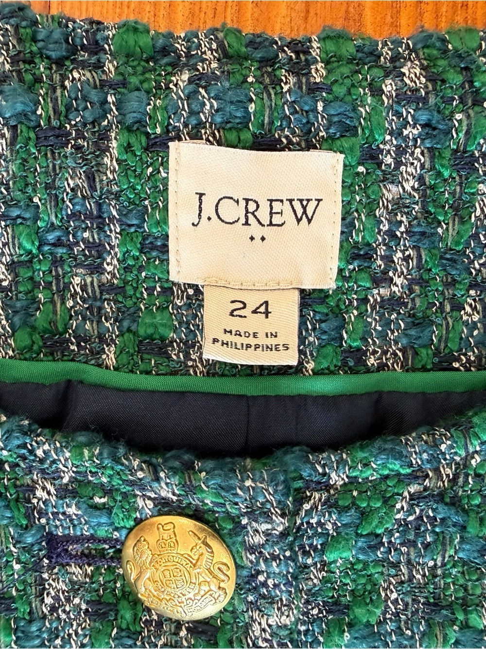 J. Crew Green and Blue Tweed Blazer with Gold Crest Button